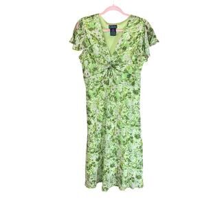 K Studio Green Floral Twist Waist Midi Dress Flutter Sleeve Size 14 Y2K fairy